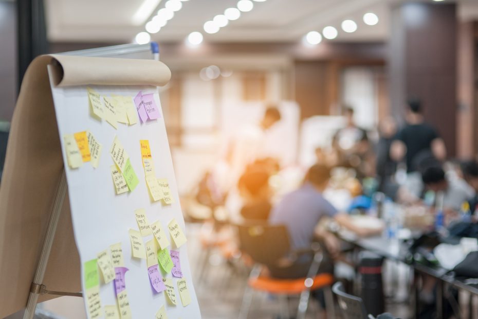 Whiteboard with post-it notes.
