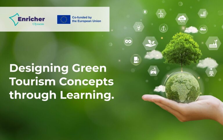 hand holding green earth with tree and sustainability symbols