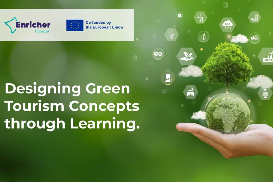 hand holding green earth with tree and sustainability symbols