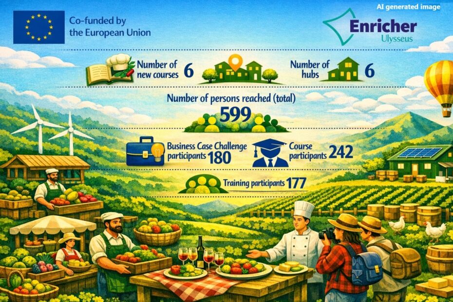 AI‑generated infographic showing results from a sustainable food and tourism project, including numbers of courses, hubs, participants and persons reached, with EU and Enricher logos and an illustrated rural food‑tourism scene.
