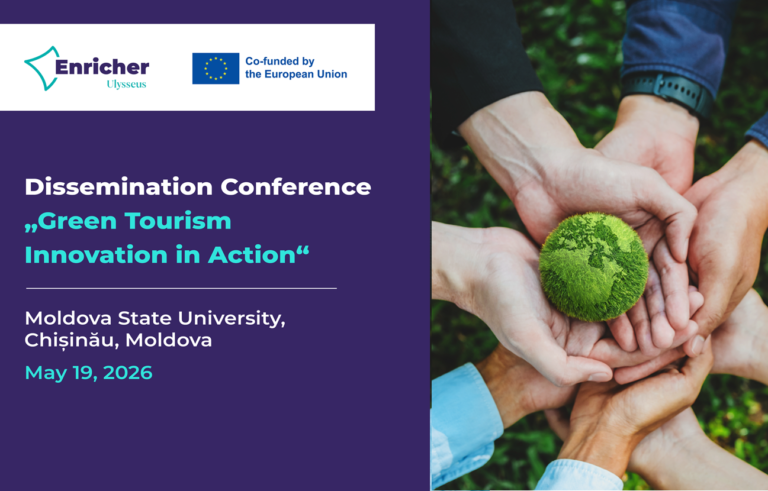 dissemination conference advertisement, name of the dissemination conference and hands holding grass globe.