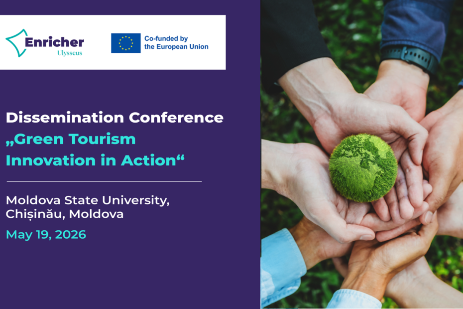 dissemination conference advertisement, name of the dissemination conference and hands holding grass globe.